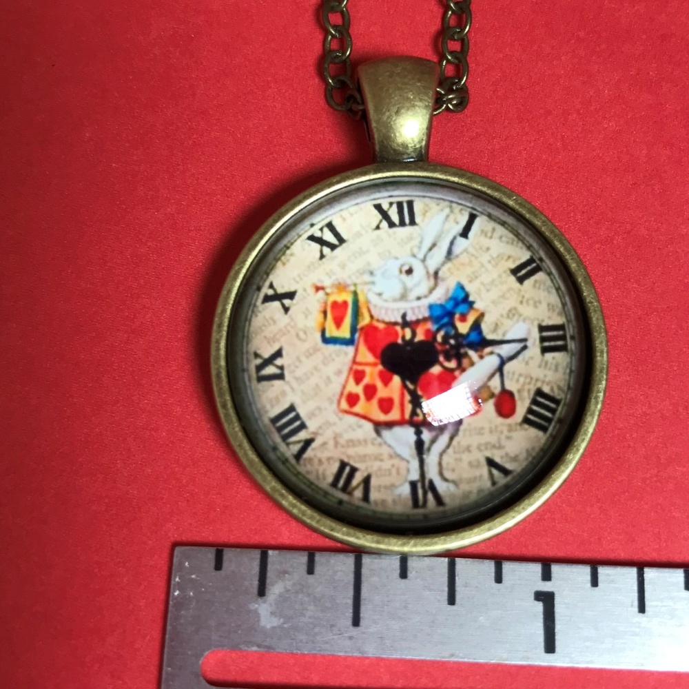 White Rabbit on a Watch Face Bronze Tone Necklace - Picture 2 of 5